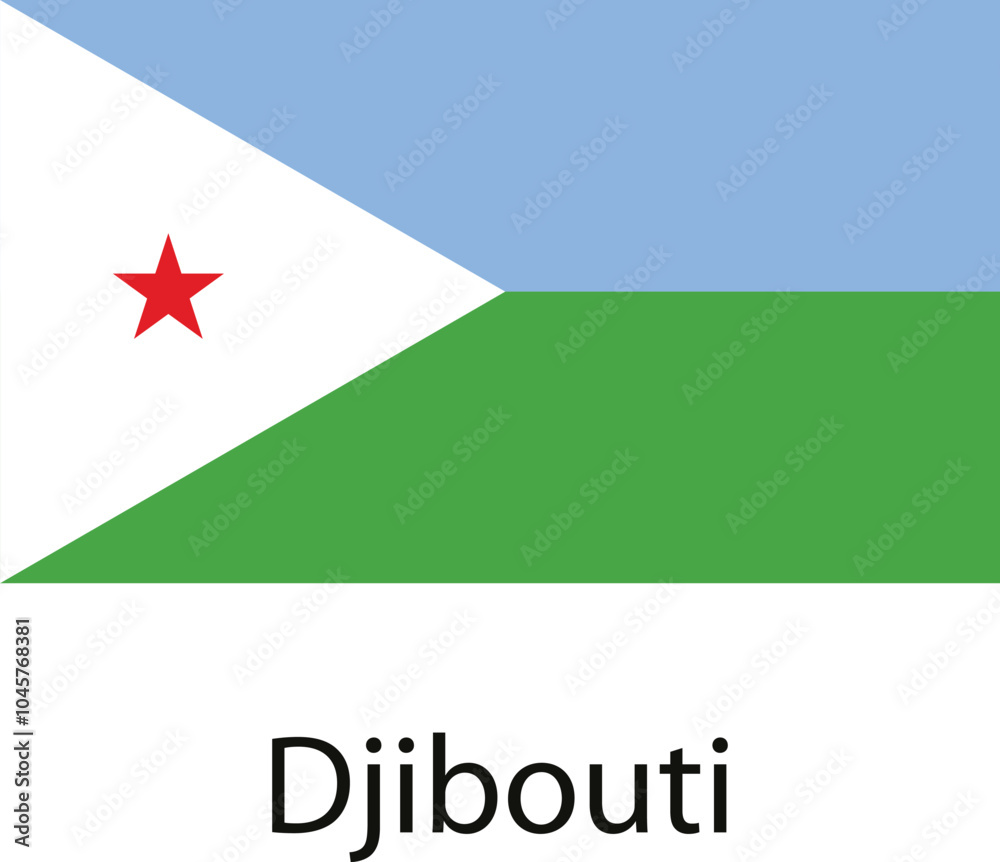 This image depicts the national flag of Djibouti, featuring a white triangle with a red star on a blue background, followed by a green stripe at the bottom. This image depicts the national flag of Djibouti, featuring a white triangle with a red star on a blue background, followed by a green stripe at the bottom.