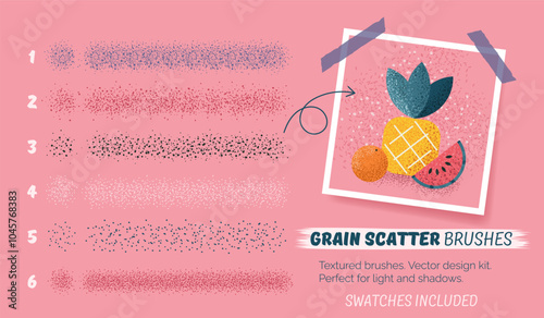 Grain scatter brushes. Set of abstract grunge strokes. Creative collection with noise effect, grunge textures, paint splash, halftone. Vector design kit. Swatches included. Editable size and color.