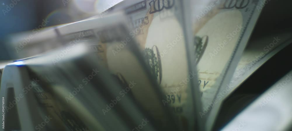 Close-up view of counting hundred dollar cash in digital money counting machine. Infinite flow of 100 USD banknotes