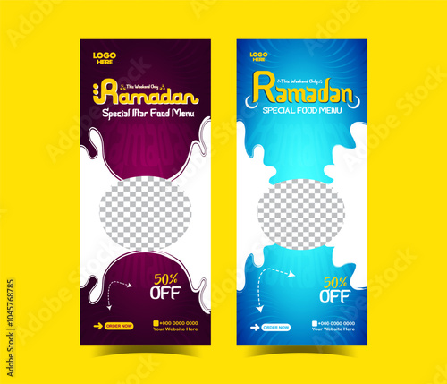 Ramadan creative roll up banner delicious iftar food menu social media poster template design