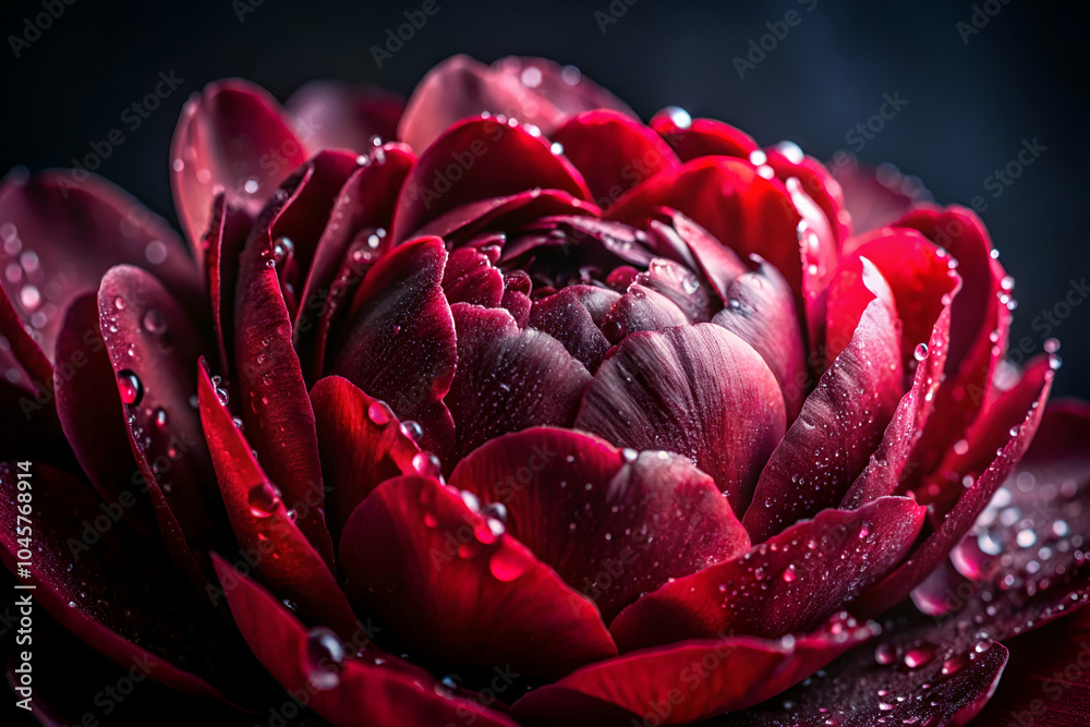 A close-up of a vibrant red flower, adorned with dewdrops, showcasing its delicate petals against a dark background. A close-up of a vibrant red flower, adorned with dewdrops, showcasing its delicate petals against a dark background.