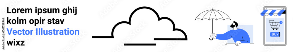 Central cloud icon with text on left, person with an umbrella on right, e-commerce storefront icon on the far right. Ideal for cloud services, online shopping, digital security, technology, and web Central cloud icon with text on left, person with an umbrella on right, e-commerce storefront icon on the far right. Ideal for cloud services, online shopping, digital security, technology, and web