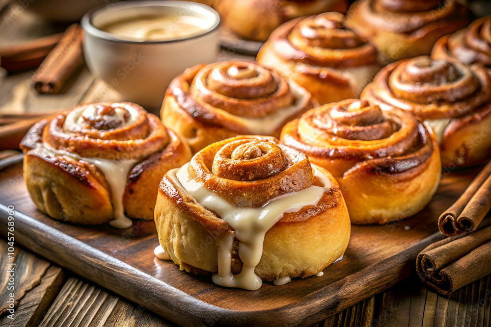 Freshly baked cinnamon rolls drizzled with cream icing, served with cinnamon sticks on a wooden platter, evoking warmth and comfort. Freshly baked cinnamon rolls drizzled with cream icing, served with cinnamon sticks on a wooden platter, evoking warmth and comfort.