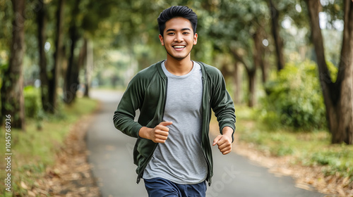 Asian man jogging in a lush green park, embracing a healthy lifestyle with joyful energy