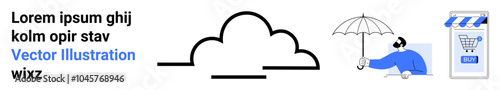 Central cloud icon with text on left, person with an umbrella on right, e-commerce storefront icon on the far right. Ideal for cloud services, online shopping, digital security, technology, and web
