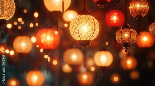 An intricate pattern of illuminated lanterns hanging in a festive atmosphere, casting a warm glow.