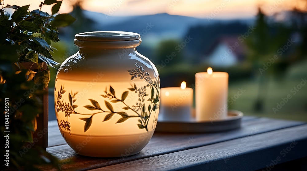 Ceramic jar with floral pattern lit by candlelight, creating a warm and inviting atmosphere on a wooden table at dusk.