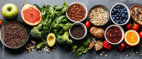 A colorful selection of fresh fruits, leafy greens, and various grains is artistically arranged on a kitchen countertop, showcasing healthy eating options in natural light