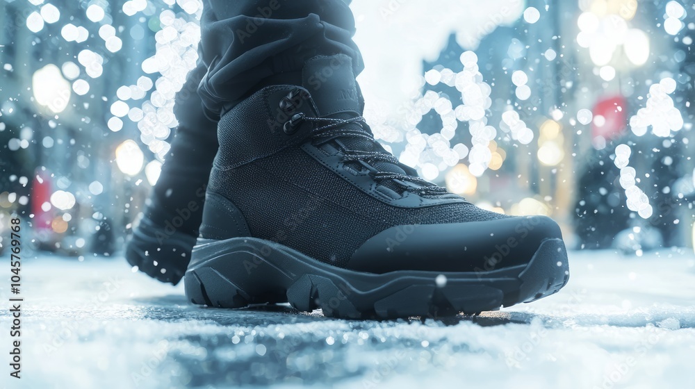 Stylish Man's Winter Boots Walking in Snowy City Square with Festive Lights - Urban Fashion Scene Stylish Man's Winter Boots Walking in Snowy City Square with Festive Lights - Urban Fashion Scene