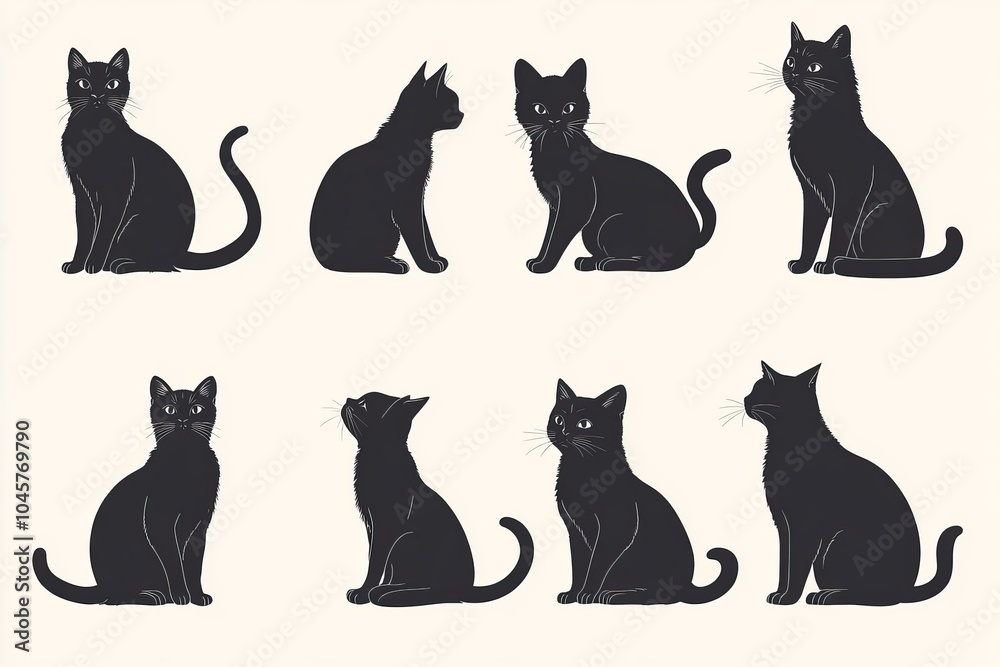 Obraz premium Eight black cat silhouettes in various sitting poses, isolated on white background.