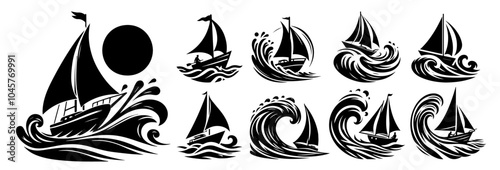 yacht sail sailboat water boat ship, sea vector icon set