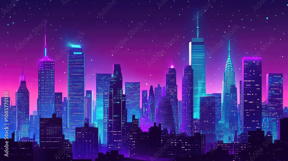 Fototapeta premium A city skyline at night with bold neon silhouettes of skyscrapers, glowing in bright purple and turquoise hues