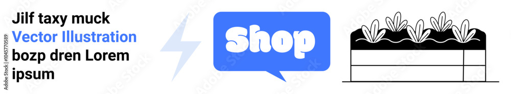 Blue speech bubble with the word Shop, and black and white botanical elements. Ideal for online stores, gardening websites, marketing banners, promotional materials, ecommerce design. Banner Blue speech bubble with the word Shop, and black and white botanical elements. Ideal for online stores, gardening websites, marketing banners, promotional materials, ecommerce design. Banner