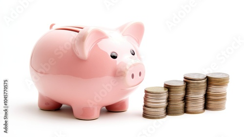 Piggy Bank with Stacked Coins by Side