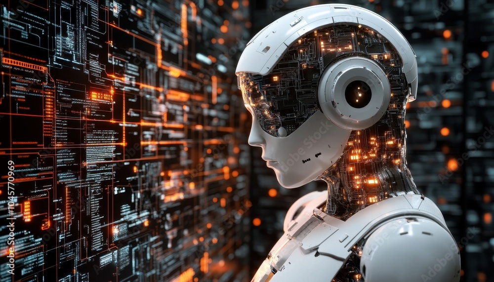 Fototapeta premium Futuristic robot with glowing circuitry and data interface in a modern lab