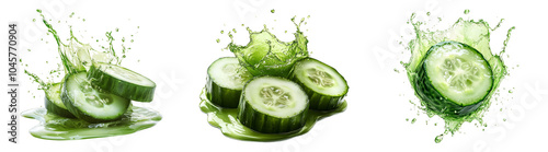 3D cucumber slices with water splashes perfect for skincare ads health blogs or refreshing drink designs