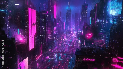 A cyberpunk city rendered in neon colors, with detailed architecture and vibrant light effects illuminating the scene