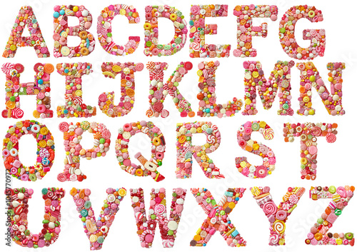 English alphabet made of colorful candies and sweets. Font collection for candy shops, dessert menus, birthday party banners, and confectionery branding.