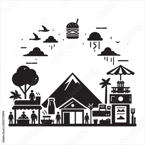 Town life silhouette vector with mountains and people enjoying urban and nature blend under floating clouds