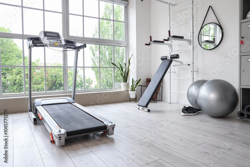 Interior of gym with modern...