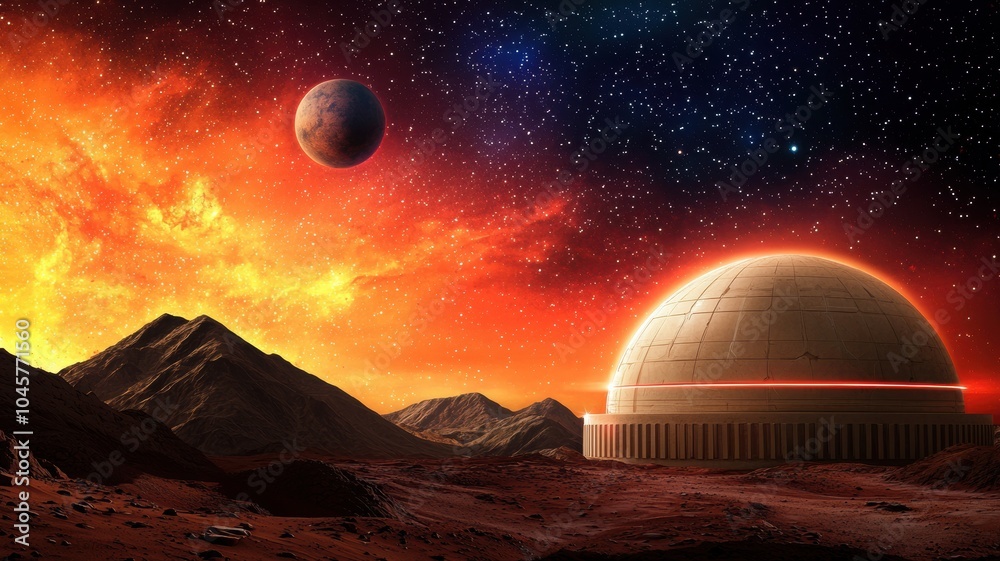 An alien landscape featuring a glowing dome structure, fiery skies, mountains, and a distant planet, creating a vivid sci-fi atmosphere. An alien landscape featuring a glowing dome structure, fiery skies, mountains, and a distant planet, creating a vivid sci-fi atmosphere.