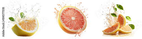 3D grapefruit slices with juice splash ideal for citrus product ads healthy drink designs or packaging
