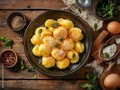 Gnocchi. The most popular Italian dishes. Small, pillowy dumplings, often served with sauce. Composition: Potatoes, flour, eggs, salt, served with various sauces. photo