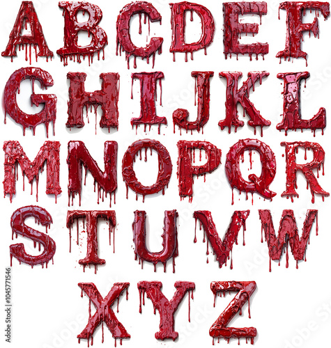 English alphabet crafted from flowing, dripping realistic blood, merging dark horror themes with typographic design. A dramatic font collection for horror films, Halloween events, and eerie branding.