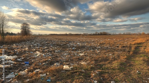 A field full of plastic waste under a cloudy sky highlights environmental issues