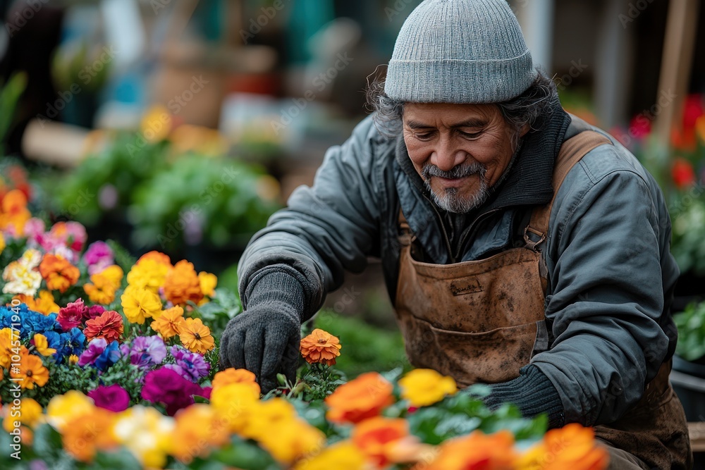 A man tending to vibrant flowers in a garden setting, showcasing his gardening skills. A man tending to vibrant flowers in a garden setting, showcasing his gardening skills.