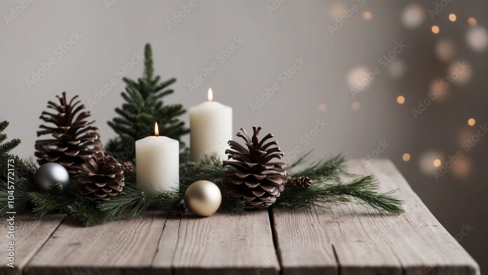 Christmas decoration of a wooden table in a rustic style, made in a minimalist style. Christmas decorations such as pine cones, candles and ornaments carefully selected to create a sense of harmony. Christmas decoration of a wooden table in a rustic style, made in a minimalist style. Christmas decorations such as pine cones, candles and ornaments carefully selected to create a sense of harmony.