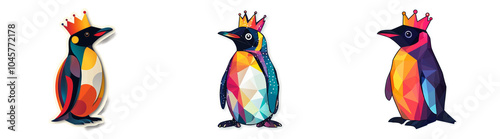 Colorful cartoon penguins with crowns isolated ideal for children’s book illustrations or playful character designs photo