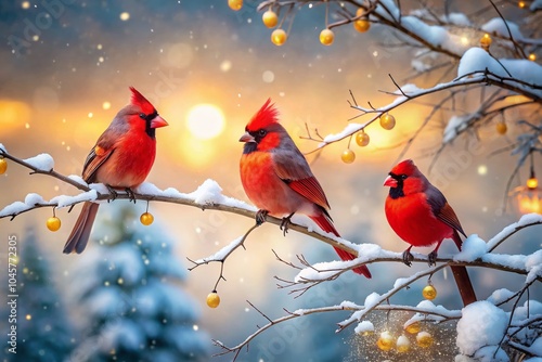 Long Exposure Christmas Cardinals in Snowy Winter Landscape for Holiday Cards photo