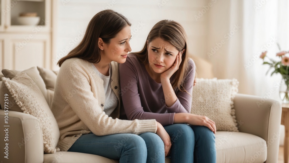 A loving mother with a gentle, compassionate expression, sitting next to her teenage daughter. a sincere conversation between a caring mother and her child suffering from adolescence. A loving mother with a gentle, compassionate expression, sitting next to her teenage daughter. a sincere conversation between a caring mother and her child suffering from adolescence.