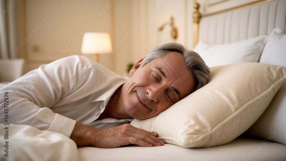 A middle-aged European sleeps surrounded by a peaceful atmosphere, creating a feeling of calm and peaceful sleep. A middle-aged European sleeps surrounded by a peaceful atmosphere, creating a feeling of calm and peaceful sleep.