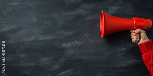 Hand holding megaphone against blackboard background, symbolizing communication, announcement, and marketing. Perfect for business promotion, public speaking, and social media marketing concept. photo