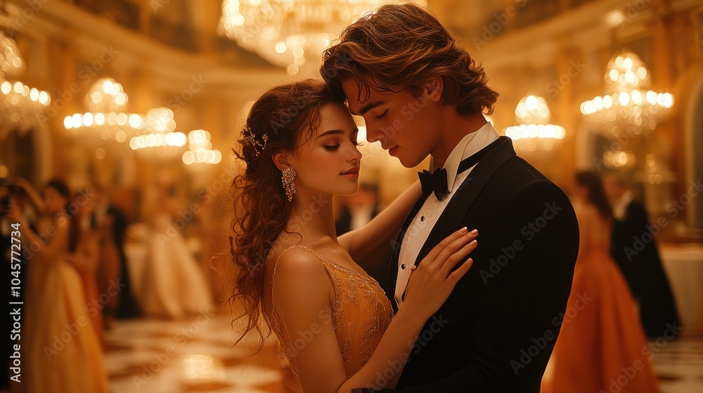 A romantic couple dances at an elegant ball, surrounded by a lavish, softly lit atmosphere. A romantic couple dances at an elegant ball, surrounded by a lavish, softly lit atmosphere.