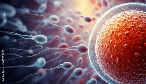Sperm cells racing to  fertilization of an egg.Sperm and egg cell microscopic view.