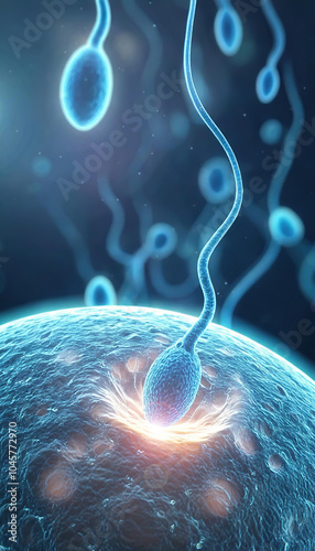 Sperm cells racing to  fertilization of an egg.Sperm and egg cell microscopic view.