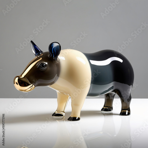 Glossy Ceramic Tapir Sculpture in Black, White, and Beige, Stylish Design on Reflective Surface, Minimalist Modern Art, generative ai