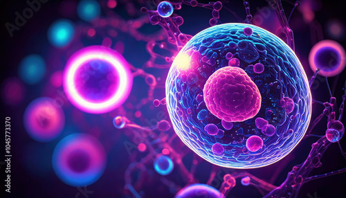Embryo cell in micro view, with nucleus, mitochondria, organelles. Cellular biology, microbiology, biotechnology science, DNA, genetic scientific