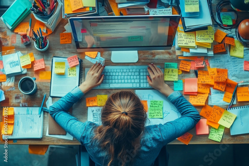 Overhead view of a busy desk cluttered with colorful sticky notes and office supplies, showcasing a creative and chaotic work environment.

