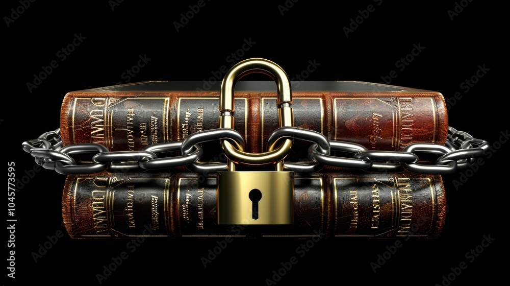 Naklejka premium 3d illustration of a book bound with a chain and lock against a black studio background