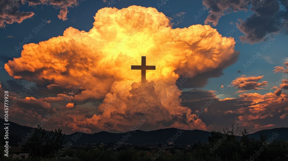 A cross-shaped cloud formation in the sky, symbolizing faith and divine presence in a natural, ethereal setting A cross-shaped cloud formation in the sky, symbolizing faith and divine presence in a natural, ethereal setting