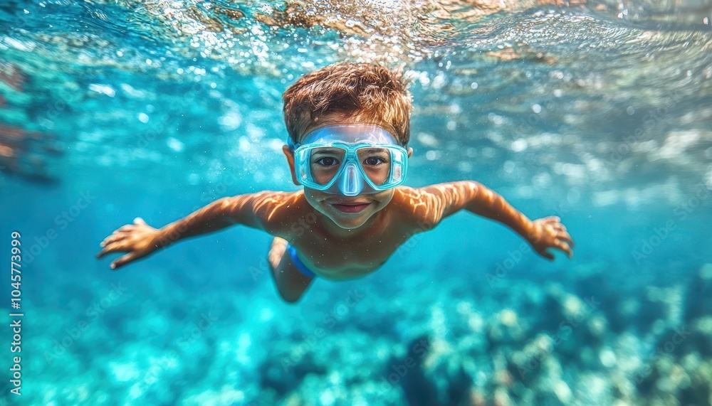 Fototapeta premium A young snorkeler explores a vibrant underwater world filled with colorful fish