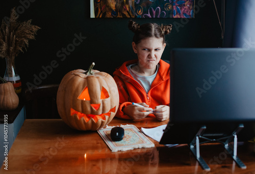 Wallpaper Mural Caucasian happy girl orange color cloths near carved Halloween pumpkin studying online laptop Torontodigital.ca