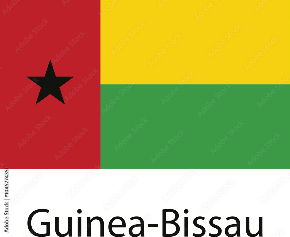 The national flag of Guinea-Bissau, featuring a red field with a black five-pointed star in the upper hoist-side corner, adjacent to a yellow band, followed by a green band at the bottom. The national flag of Guinea-Bissau, featuring a red field with a black five-pointed star in the upper hoist-side corner, adjacent to a yellow band, followed by a green band at the bottom.
