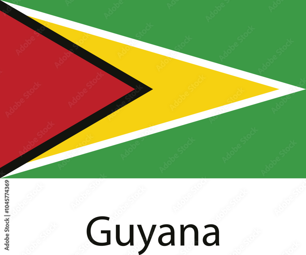 The national flag of Guyana, featuring a green field with a golden, yellow, and red arrowhead triangle, and a thin black border. The flag is a symbol of the country's independence and national identit The national flag of Guyana, featuring a green field with a golden, yellow, and red arrowhead triangle, and a thin black border. The flag is a symbol of the country's independence and national identit