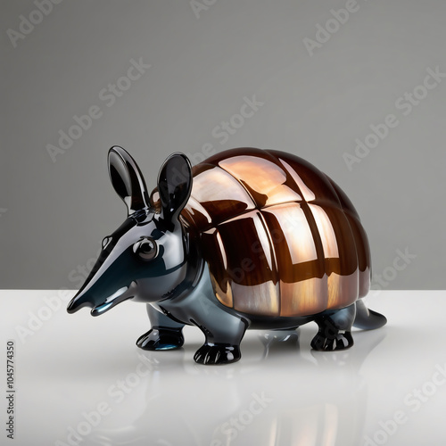 Glossy Stylized Armadillo Sculpture with Dark Brown to Amber Gradient and Metallic Finish on Reflective Surface, Generative AI photo