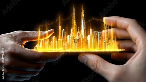 Golden Cityscape Transfer: Two hands carefully exchange a glowing, miniature cityscape, symbolizing the transfer of knowledge, innovation, and urban development.  A futuristic, conceptual image.